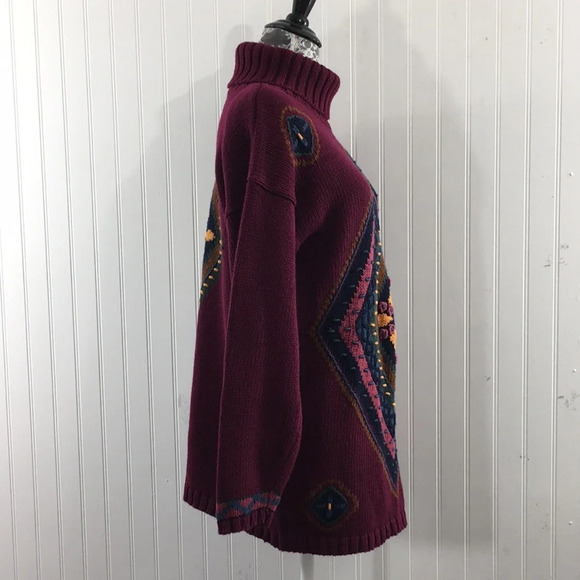 Pasta Vintage Maroon Chunky Knit Turtleneck Sweater Womens Medium Diamond Floral - Picture 2 of 12